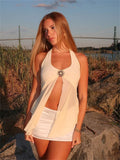 Absobe Halter Tie-Back Sheer Mesh Patchwork With Metal Accents Tank Top Backless Y2K Vest For Women Chic Streetwear Blouse