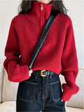 Women's Loose Knitted Pullovers Half Zipper Autumn and Winter Turtleneck Sweaters Casual Comfortable Full Sleeve Top