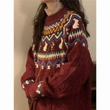 Pbong  Red Christmas Pattern Knitted Sweater Loose round Neck Pullover for Women Couples Matching American Retro College Style