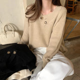 V-neck Knit Pullover Women Slouchy Long Sleeve Drop Shoulder Sweater with Buttoned Strap Cozy Knitwear Autumn Winter Chic Outfit