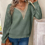 Pbong  Solid V Neck Knitted Sweater, Hollow Out Long Sleeve Casual Sweater For Fall Winter Women's Clothing