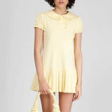 Pbong  Solid Spliced Folds Slimming Dresses for Women Lapel Short Leeve High Waist Temperament Dress Female