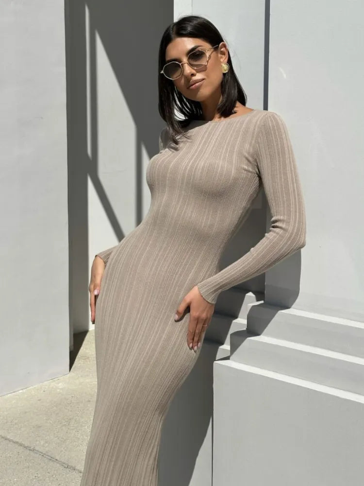Autumn Long Sleeve Knitted Maxi Dress Women Elegant Sexy Pit Strip O-Neck Bodycon Evening Party Dresses Lady Casual Dress