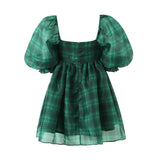 Pbong  Sweet Green Gingham Plaid Organza Ball Gown Dress Puff Sleeve Retro Women Swing Short Princess Robe Fairy Cake Vestidos