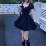 Black A-Line  Dress Women's Square Collar Pure Desire Fashion Design Slimming Waist Short Length Cotton Linen Blend