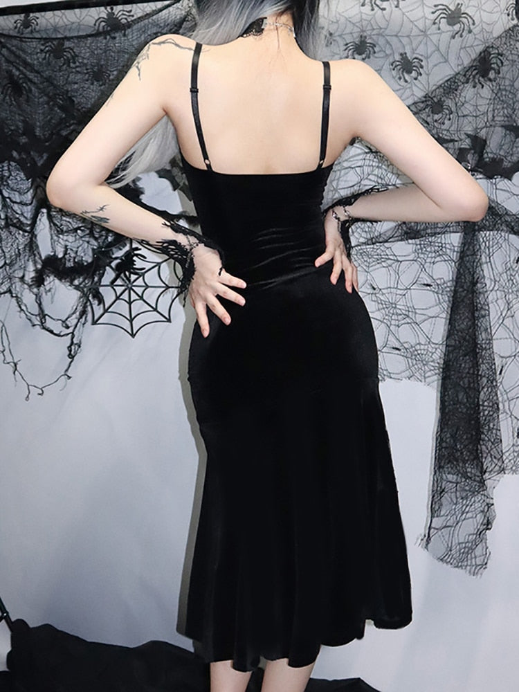 Lace Patchwork Gothic Elegant Mermaid Dresses For Women Grunge Velvet V-neck Black Midi Dress Sling Sexy Slim Clubwear