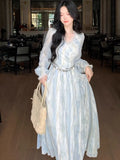 Women Elegant Blue Tie-Dye Dress  Autumn Fairy V-Neck Long Dress French Party Prom Evening Clothing New Holiday Outfits Vestidos