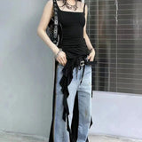 Sexy Tank Top Asymmetrical Black Y2k Women Ruffle Grunge Backless Coquette Fashion Streetwear Tops Solid Aesthetics