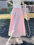 Pbong  Sweet Plaid Long Skirts Women Preppy Style Loose Elegant A Line Skirt Vintage High Waist Lace Patchwork Cute Female Skirts