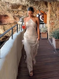 Elegant Sequin Ruffle Evening Dresses Women Retro Glitter Sleeveless Slim Halter Long Dress Lady Chic Street Party Holiday