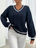 Striped trimmed twisted flower knitted shoulder sweater
