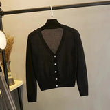 Women's Long Sleeve Cropped Cardigan V Neck Button Down Sweater Jacket Single Breasted Plain Fitted Knit Cardigan Basic Outfit