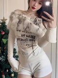 Luxury Fur Graphic Long sleeve T shirt Y2k Women Autumn Winter Off shoulder Tops 2000s Vintage Basic Blouse Tees White Shirt