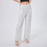 Pbong  Women Sequin Wide Leg Pants Stretchy High Waist Loose Straight Trousers Club Party Elegant Long Pants Streetwear