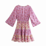 Pbong  Floral Vintage Mini Dress Pink Holiday Boho Women Dress  Flare Sleeve Summer Holiday Ladies Female Sexy Dresses
