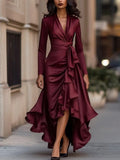 Pbong  Elegant V-neck Waist-cinched Skirt Hem Long Sleeve Maxi Dress Street Style Polyester Fabric High Waist Regular Sleeve Length