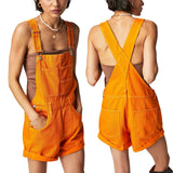 Pbong  Women's Y2K Vintage Retro Denim Bib Overalls Adjustable Straps Pocket Romper Shorts Casual Rolled Cuff Shortalls