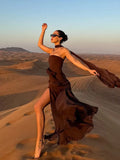 Women Elegant Solid Mesh Maxi Dress Sexy Backless Sleeveless With Scarf Slim Fits Long Robes New Evening Party Club Dresses