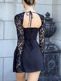 HOUZHOU Short Dresses for Women Sexy Slim Lace Patchwork Long Sleeve Backless Lace-up Elegant Party Dress Graduation Summer