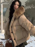 Women New Fall Winter Hooded Button Coat with Large Fur Collar Retro Office Christmas Fashion Jacket  Retro Commute Outfits New