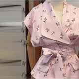 Pbong  Floral Print V Neck Wrap Tie Waist Sleeveless Waistcoat Top Tie Belt Spring Summer Commute  Lady Women Gentle  Outfit