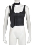 Casual Solid Crop Tops With Scarf Slim Square Collar Sleeveless Tank Tops Women 2025 Summer Fashion Streetwear Ladies