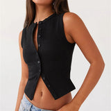Vintage Ribbed Women Button Tank Tops Casual Summer Solid Color Sleeveless Crop Tops Basic Vest Y2K Aesthetic Clothes Streetwear