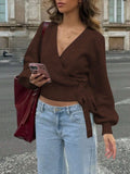 Pbong  New Autumn Winter Elegant Short Knitwear Women's Base Layer V-Neck Cross Strapless Street Style Fashion Pure Color