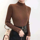 Ribbed Knit Top for Women Pullovers Button Decor Mock Neck Sweater Stretchy Long Sleeve Fitted Jumper Teen-girl Fall Winter