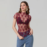 Women Lace Tops Short Sleeve Crew Neck See-through Sheer T-shirt Summer Casual Tee Shirts Clubwear