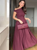 Women Fashion Slanted Shoulder High Waist Pleated Dress Elegant Sleeveless V-neck Long Robes Vocation Beach Street Vestidos
