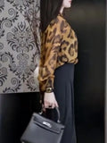 Pbong  Korean Chic Elegant Leopard Shirt Women Youth Chiffon Blouse Lady Office Casual Top Female New