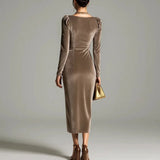 Pbong  Autumn Winter Women's Velvet Long Sleeved Dress Square Neck High Waisted A-line Banquet Dress Elegant Temperament Draped Dress