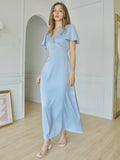 V-neck Flare Sleeve Party Dress Simple All-match Solid Color Satin Long Dress New High Waist Fashion Chic Femme Vestidos