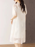 Pbong  Elegant White Lantern Sleeve Dress Women's Summer New Style Embroidery Heavy Work Long Dress Luxury Feel Straight Cut Skirt