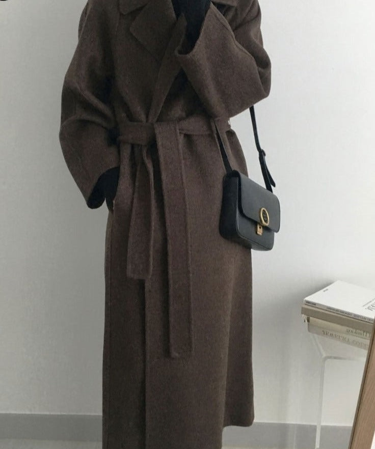 French Lazy Style Warm Female Fresh Winter Classical Belt Retro Loose Women Woolen Coats Chic Casual Long Coat Long
