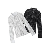 American Simple All Match Turn Down Collar Long Sleeve T Shirts Y2k Constrast Color Striped Pleated Clothes Harajuku French Tops