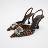 Women High Heels Shoes WSL TRAF ZA Summer Pointed Rhinestones Leopard Print Pump Fashion Travel Stiletto Sandal Woman Shoes