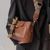 Pbong  Vintage Women Faux Leather Crossbody Bag with Wide Printed Strap Unny Charm, Retro Shoulder Purse for Women Daily Commute Use