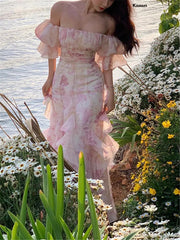 Vintage Floral Maxi Dress Women Elegant Korean Summer New  Fashion Evening Gown Party Lady Vestido Trendy Female Fairycore