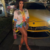 Pbong  Women's Fashionable Casual Trendy Color Block Short Sleeve Top Satin Fabric V-Neck Design Ladies Shirt Classic Womenswear