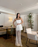 White Lace Patchwork Strapless Long Dress Women Summer Fashion Sleeveless High Waist Slim Dress Lady Elegant Party Gown Dresses