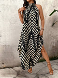 Pbong  Women's Halter Neck Chevron Print Maxi Dress - Loose Fit Summer Casual