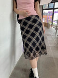 Vintage 90s Plaid Skirt Women Summer Korean Style Casual Mesh Print High Waist Slim Midi Skirt Girl Y2k Streetwear
