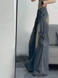 Pbong  American Vintage Jeans High Waist Pockets Bow Patchwork Design Wide Leg Pants All Match Casual Loose  New Women's Clothing