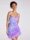 Sexy Feather Sequins Sling Dress For Women Sleeveless Backless Dresses With Belt Summer Female Evening Party Club Vestidos