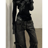 Black Women's Jeans High Waist Hip Hop Straight Fashion Pants Streetwear Harajuku Y2K Star Female Wide Leg Denim Trouser