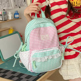 Cute Patchwork Student Book Backpack Ladies Lace Bow Decor Multi Pocket Daily Travel Shoulder Bag Women Fashion Back Packs