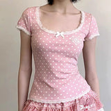 2000s Harajuku Vintage Sweet Top Y2k Japanese Style Kawaii Slim T Shirts Women Korean Fashion Polka Dot Short Sleeve Tees Summer