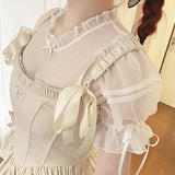 Pbong  Japanese Lolita JK Blouse Women Puff Sleeve Patchwork Shirts Sweet Kawaii Bow Blouses Hollow Out Ruffles Blusas Y2k Aesthetic